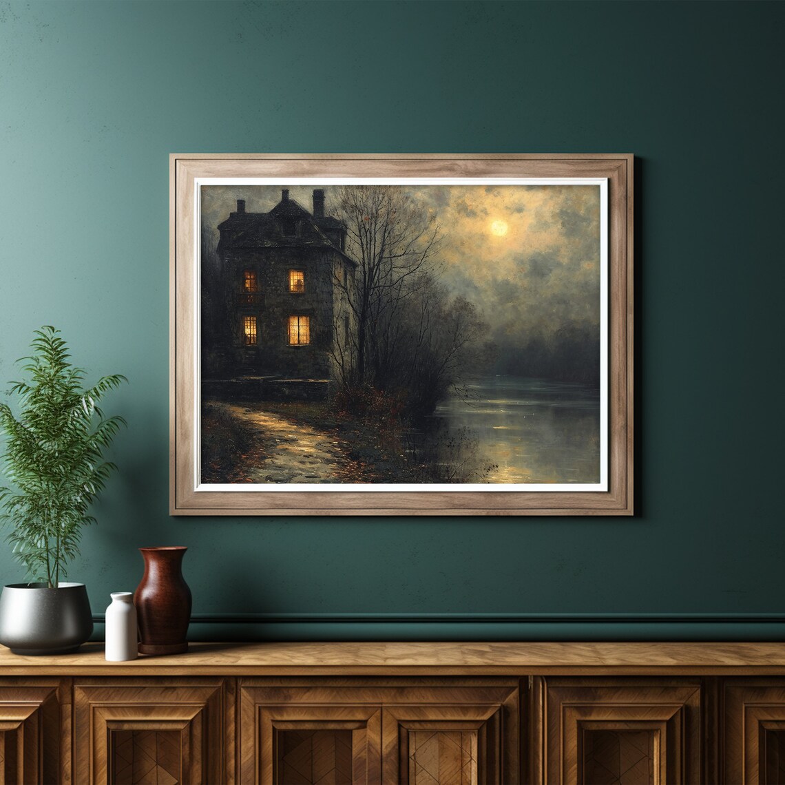 Moonlit Stone House With Glowing Windows by Lake Full Moon Night Painting Poster - Image 6