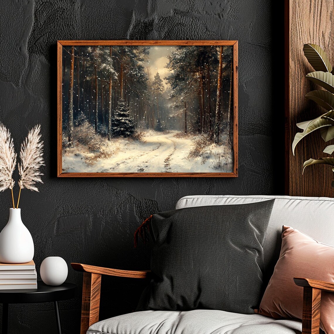 Vintage Moody Snowy Dark Forest Landscape Art Print - Image 2