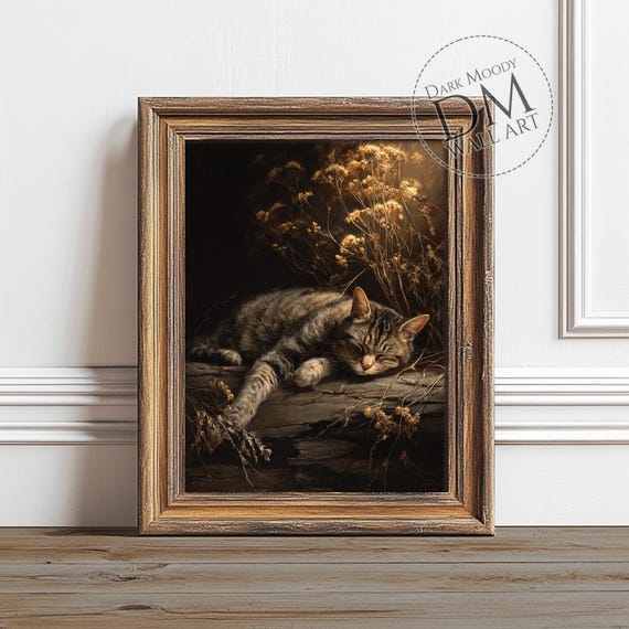 Sleeping Tabby Cat Night Log Golden Wildflowers Dark Moody Wildlife Art Poster