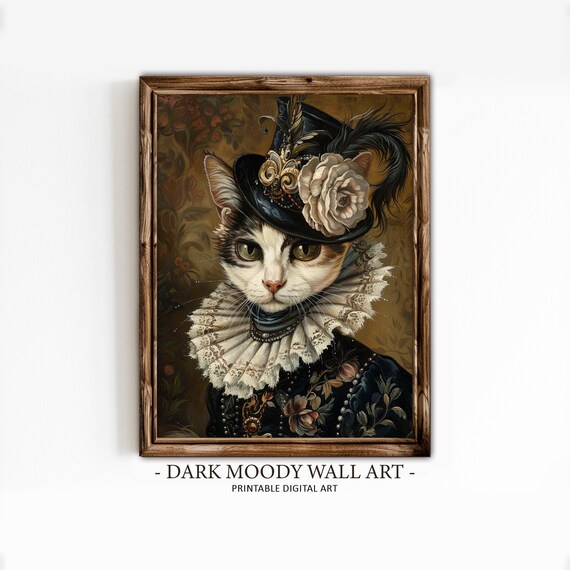 Victorian Cat Portrait Lace Ruff Feathered Hat Painting Poster