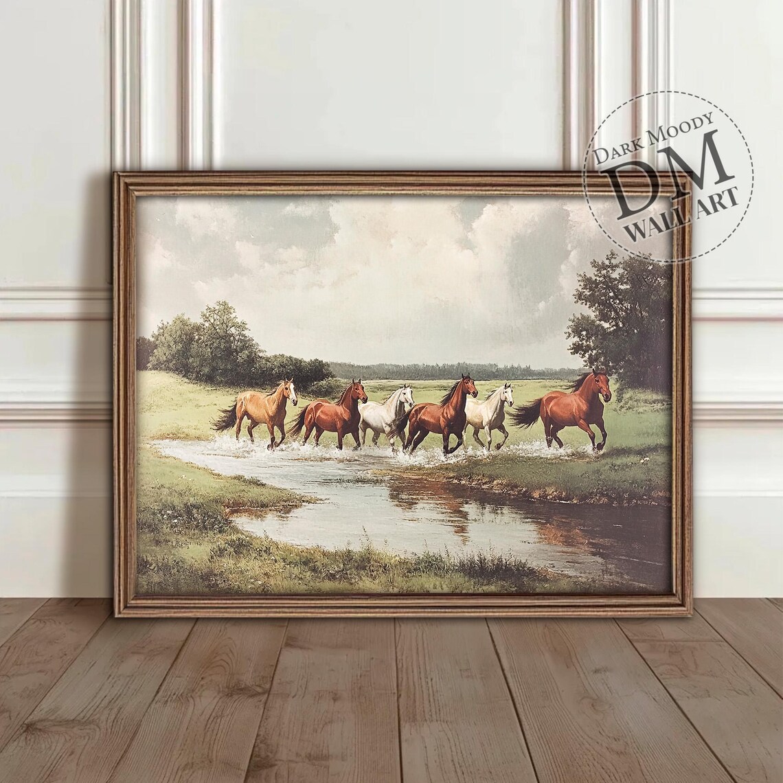 Six Horses Crossing a River Vintage Western Countryside Poster