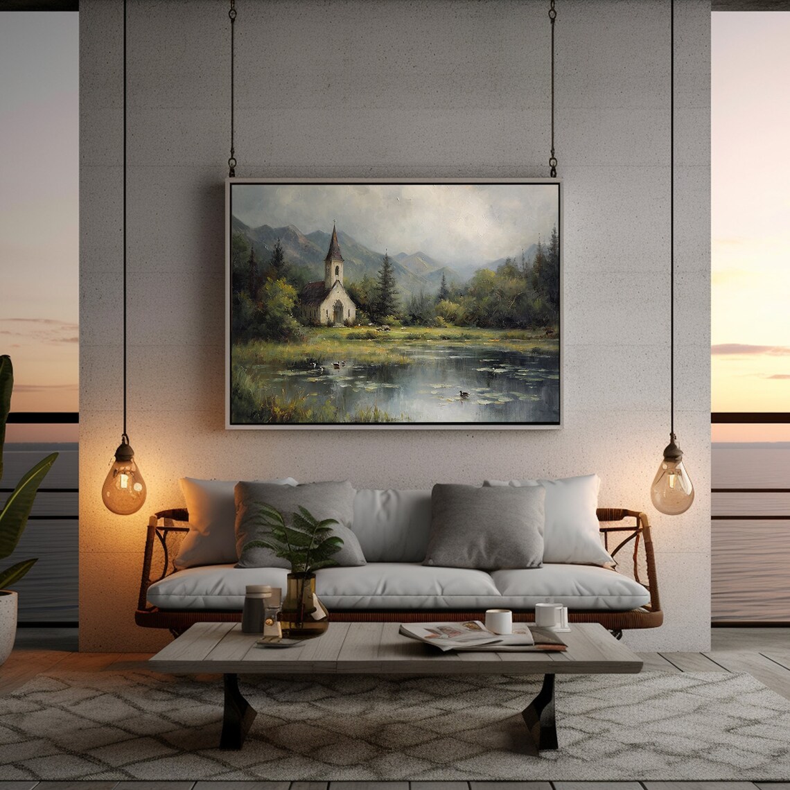 Vintage Church Painting Moody Landscape Art Print - Image 5