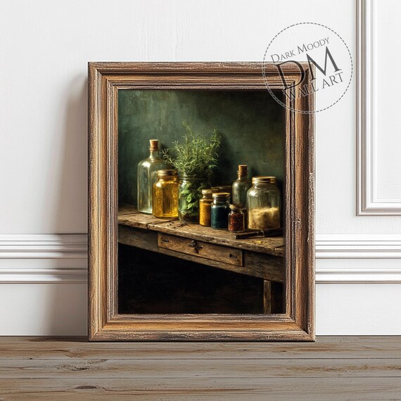 Vintage Apothecary Jars Rustic Wooden Table Dark Moody Wall Art