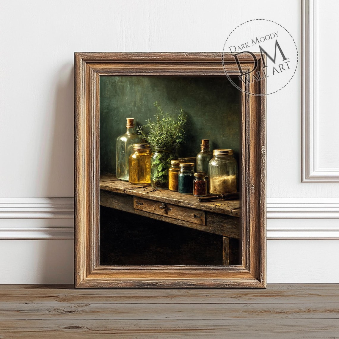 Vintage Apothecary Jars Rustic Wooden Table Dark Moody Wall Art