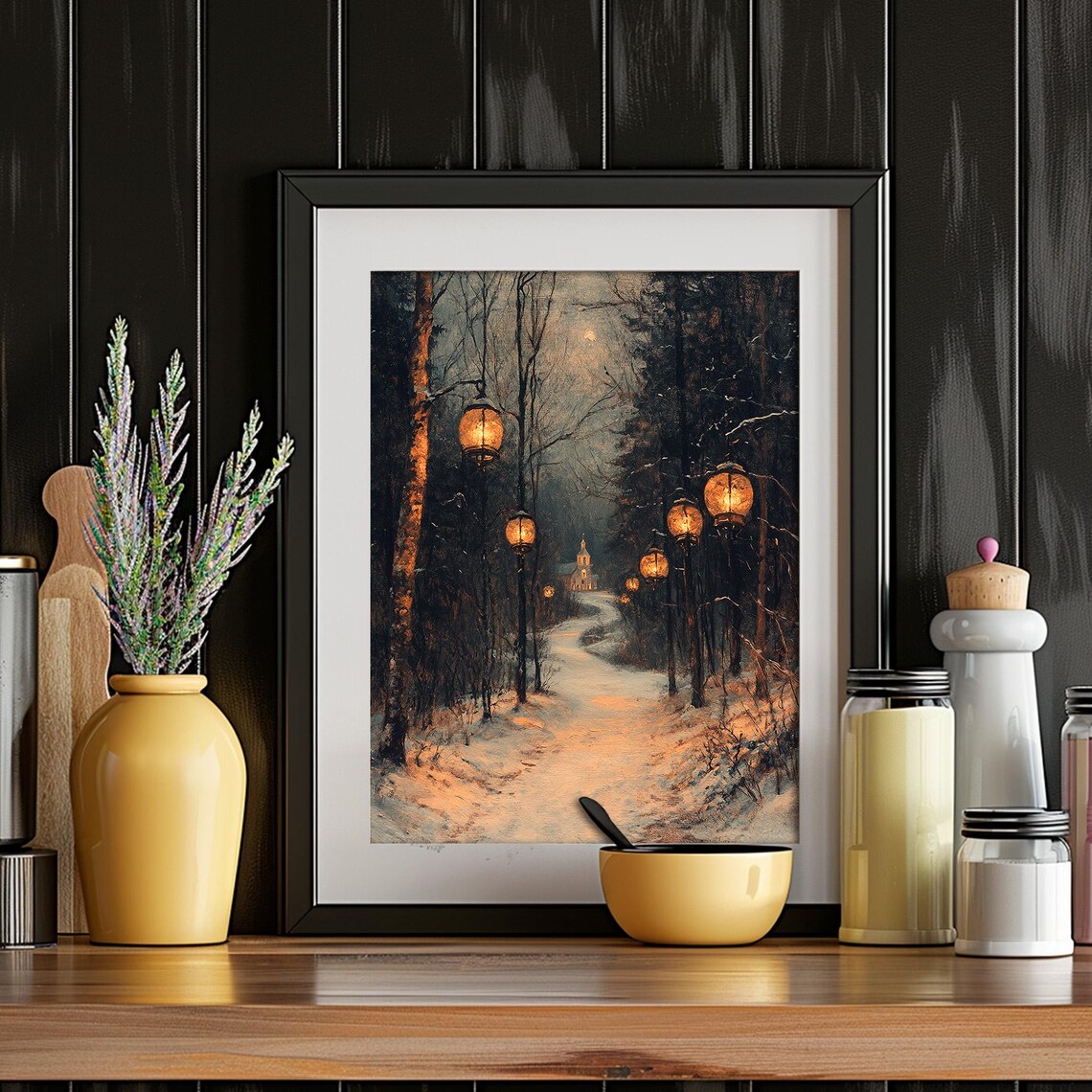 Lantern Lined Snowy Forest Path to Church Winter Night Poster - Image 4