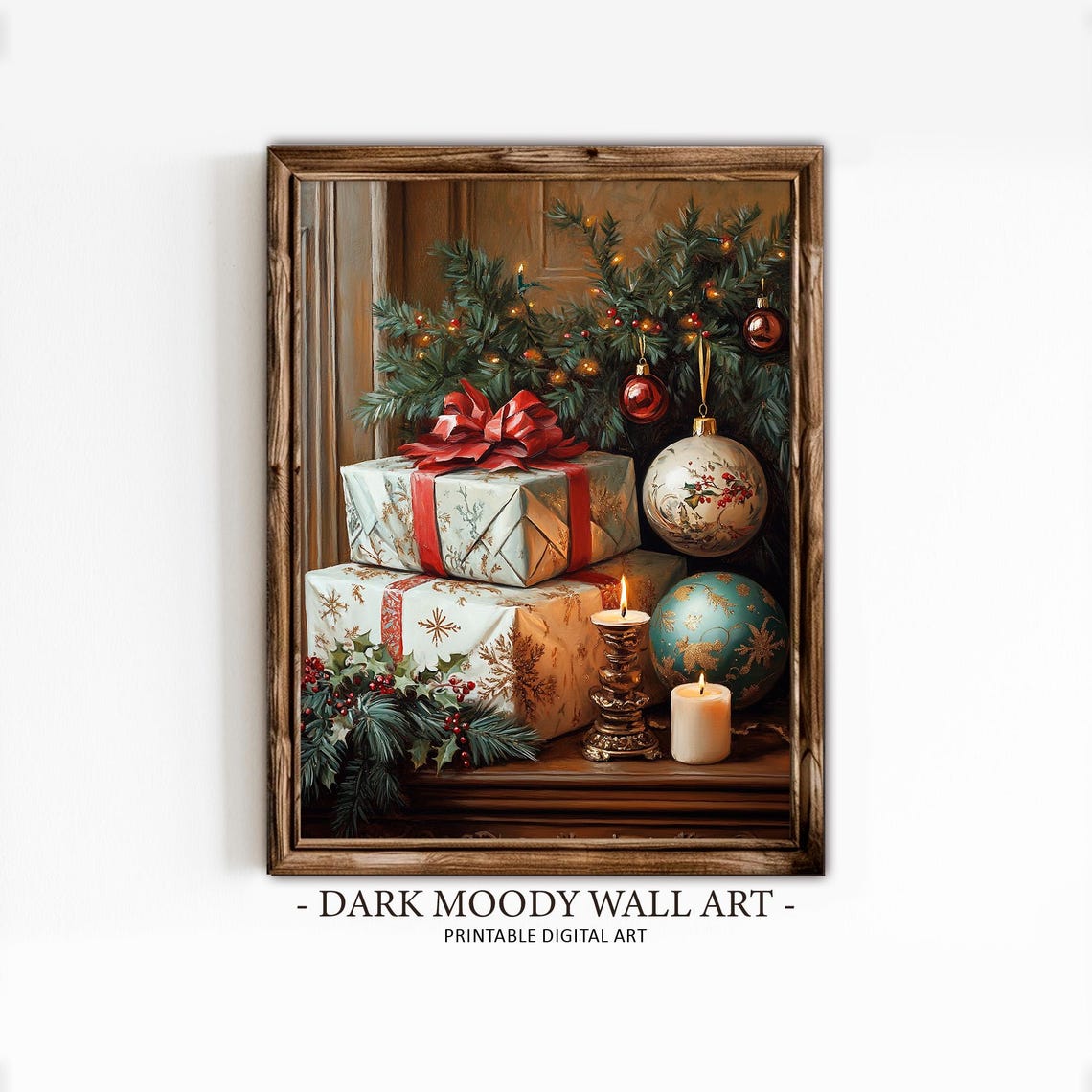 Wrapped Gifts Red Ribbon Ornaments Candles Window Corner Poster - Image 2