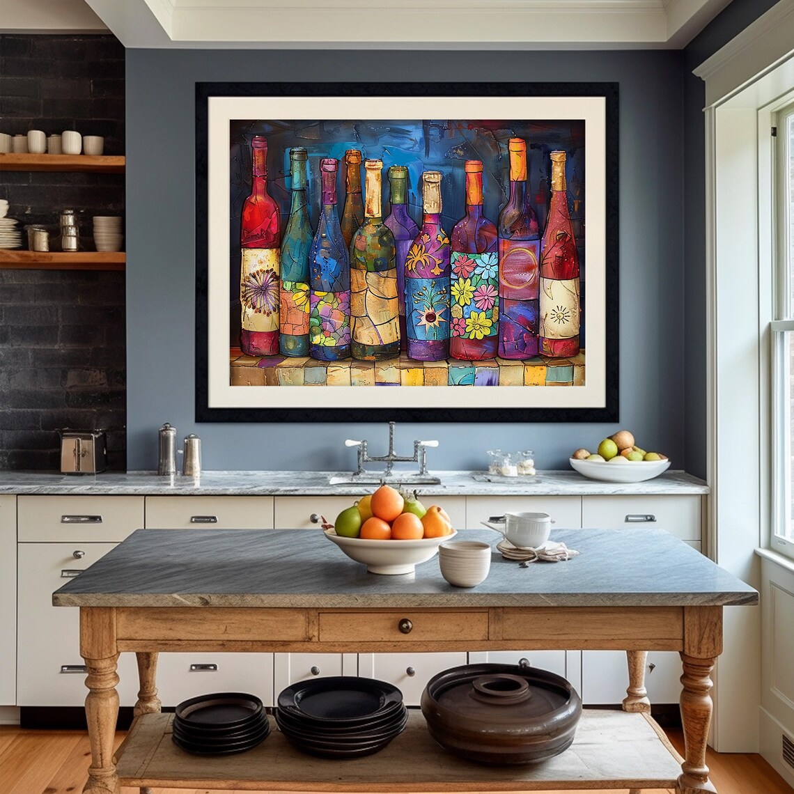 Colorful Painted Wine Bottles With Floral Patterns Vibrant Bar Art Poster - Image 5