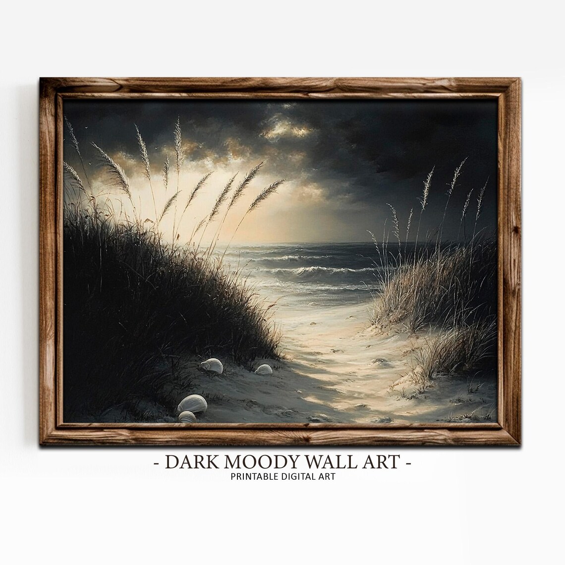 Dark Moody Beach Dunes With Sea Grass Under Stormy Sky Wall Art