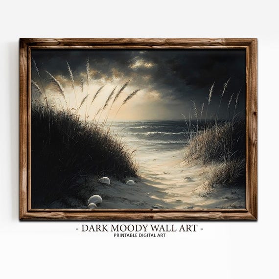 Sand Dunes Print Coastal Beach Wall Art Dark Moody Wildflower Painting