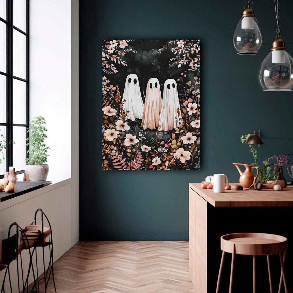 Cute Ghosts In Flower Garden Sweet Spooky Halloween Art Print - Image 2