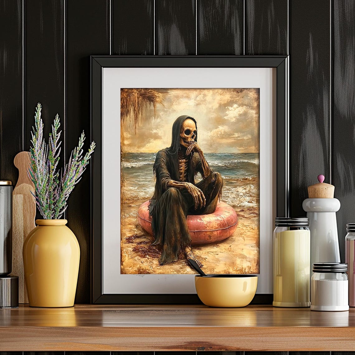 Skeleton On Beach Swim Ring Funny Summer Gothic Halloween Wall Art - Image 2