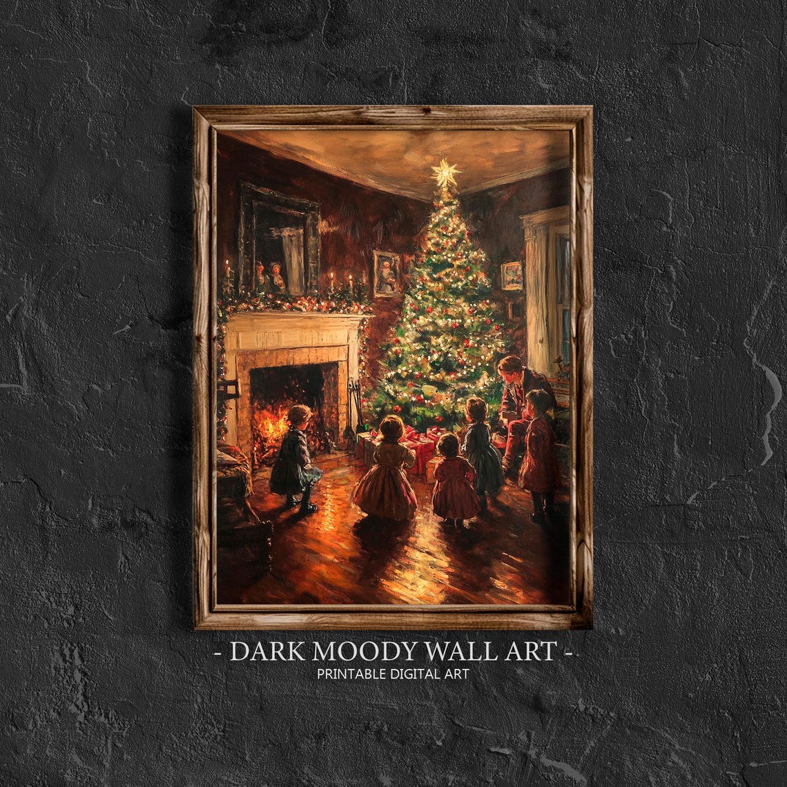 Family Around Christmas Tree Fireplace Warm Evening Scene Poster