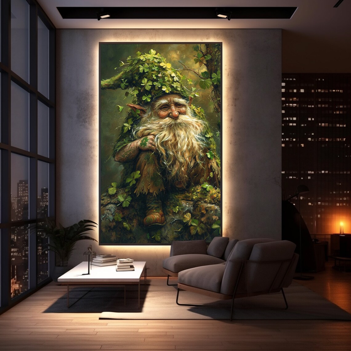 Forest Gnome With Clover Hat Dark Moody Vintage Oil Painting Wall Art - Image 3
