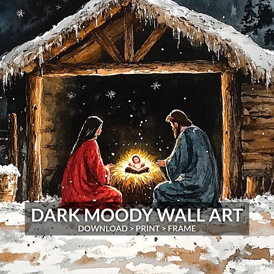 Snowy Night Nativity Scene Mary Joseph Manger Vintage Poster - Image 6