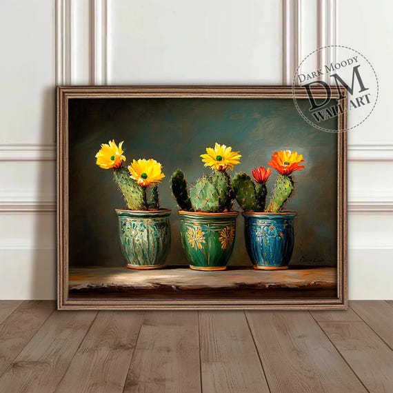 Mexican Cactus Flowers Wall Art Rustic Moody Still Life Decor