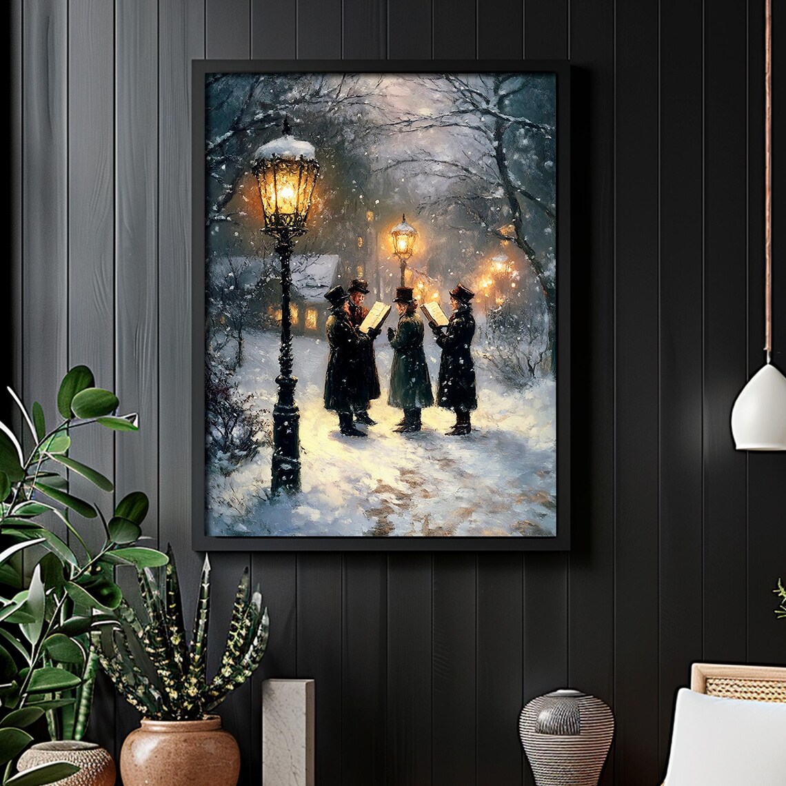 Vintage Men Caroling Beneath Glowing Lampposts Snowy Night Wall Art - Image 2