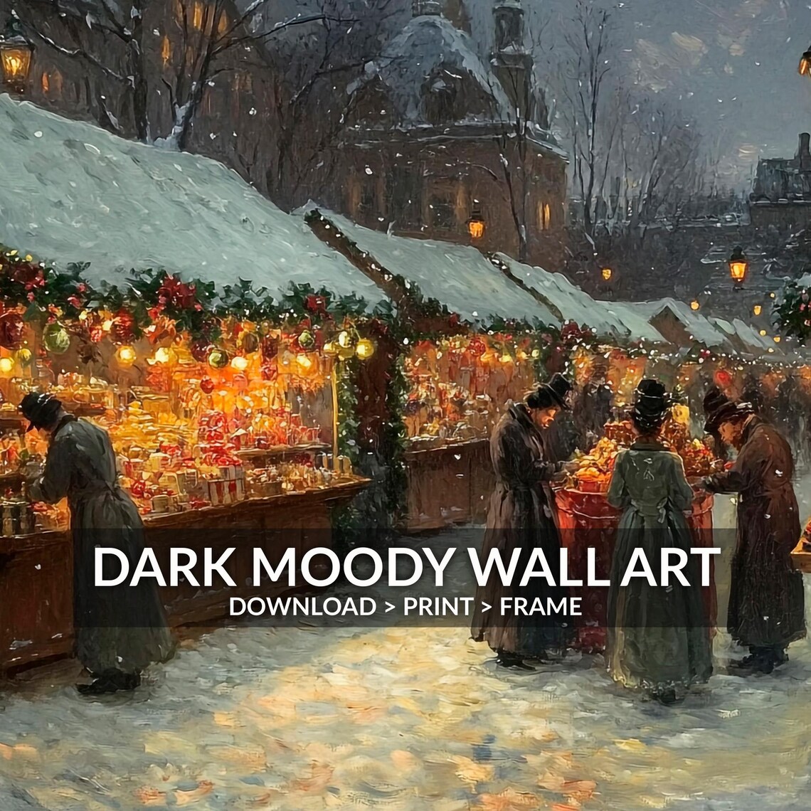 Christmas Market Lanterns Church Spire Evening Snow Painting Poster - Image 6