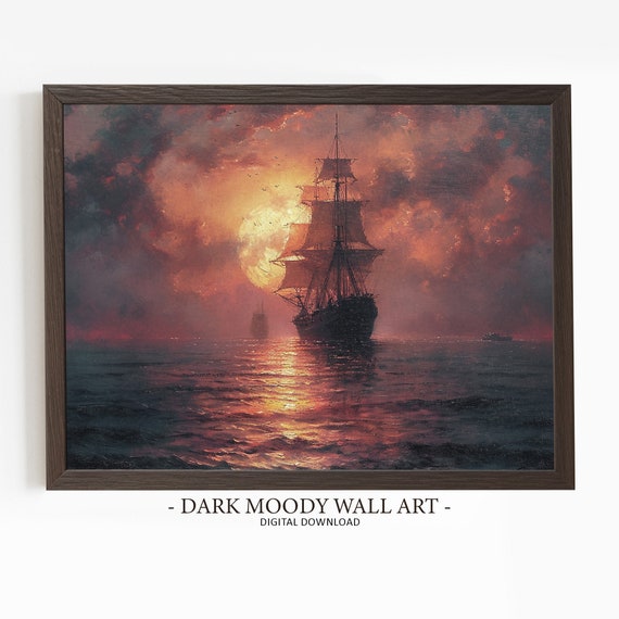 Haunted Ship Gothic Pirate Sunset Seascape Art Print