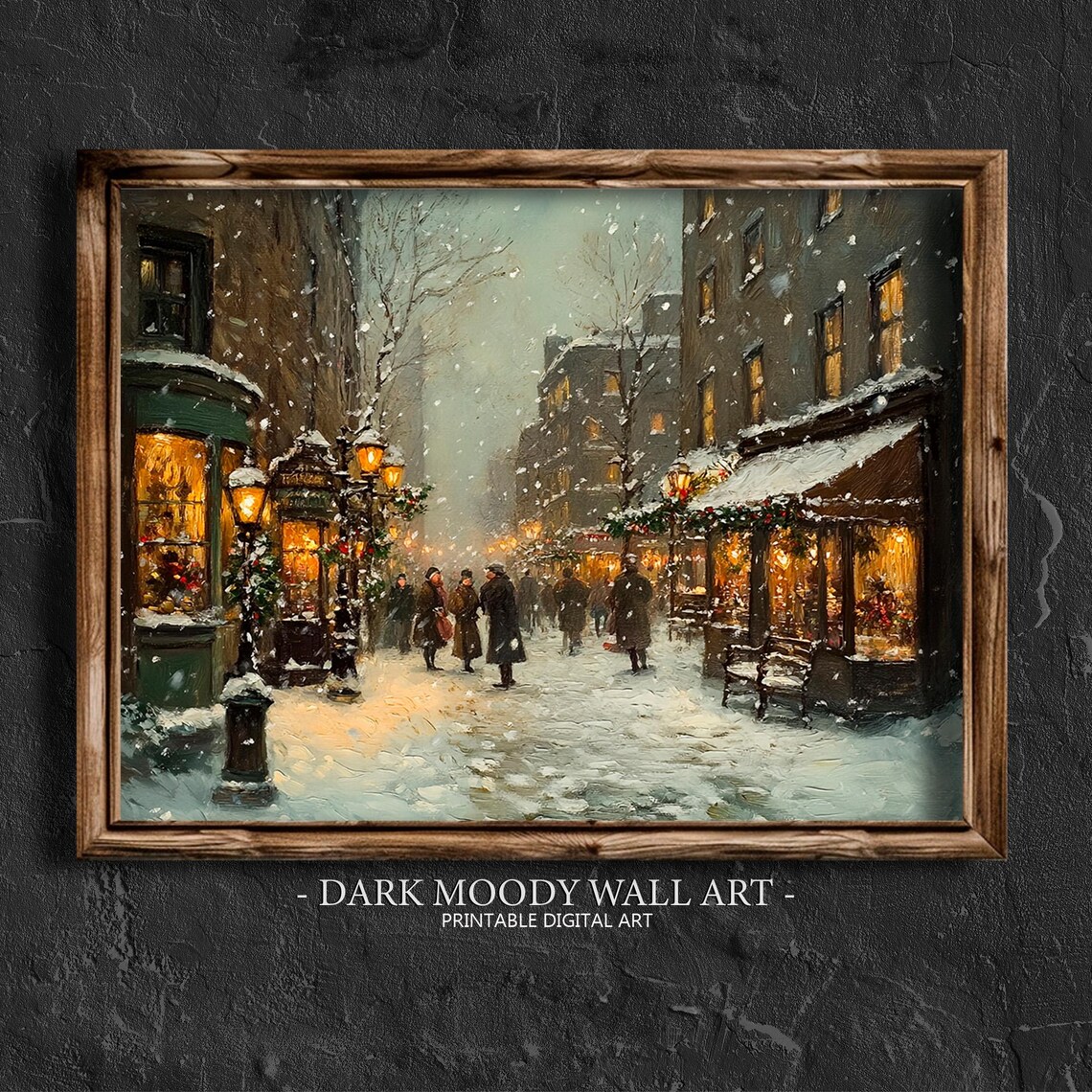 Snowy Vintage City Street Shops Night Lights Winter Painting Poster