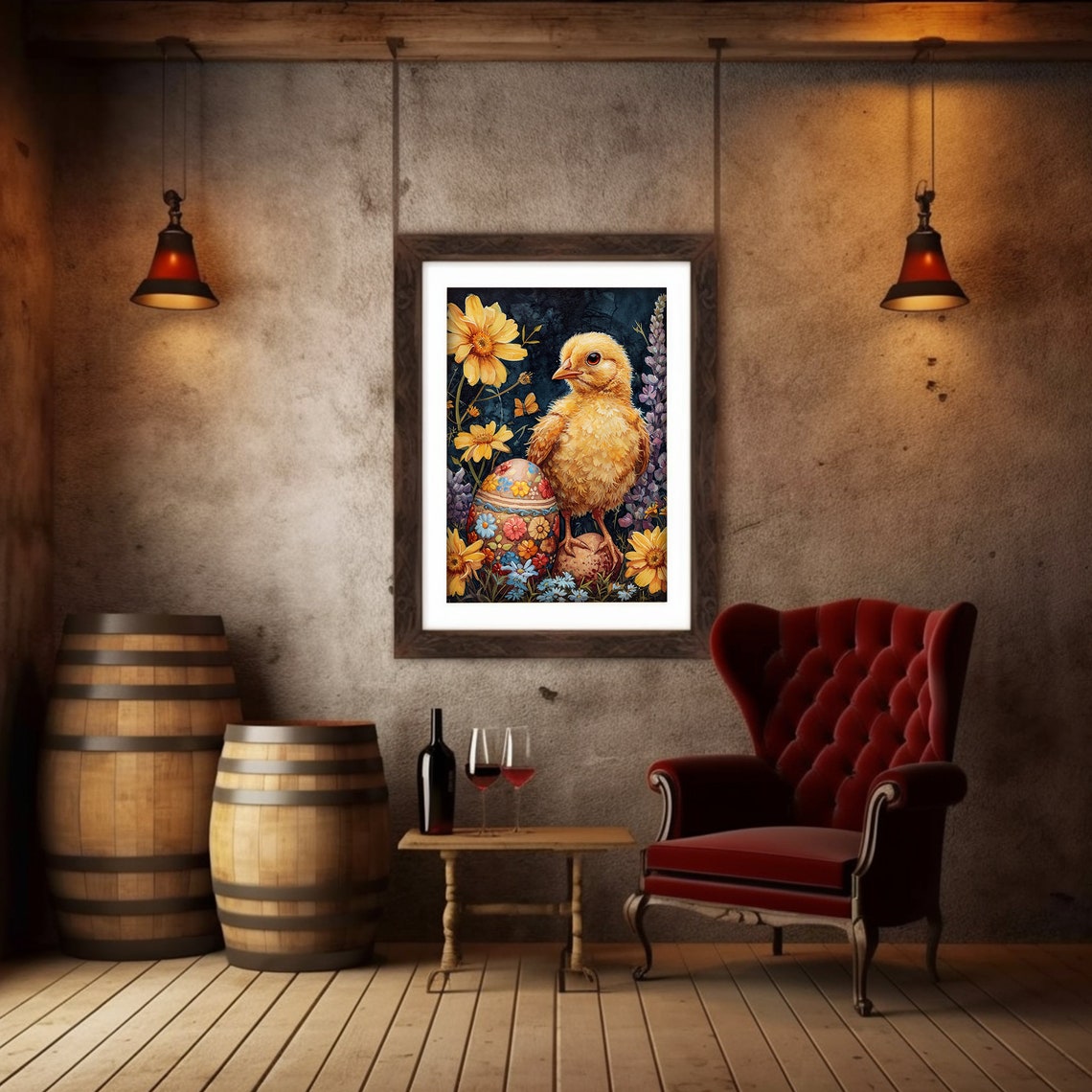 Yellow Chick Painted Easter Egg Sunflower Garden Watercolor Poster - Image 5