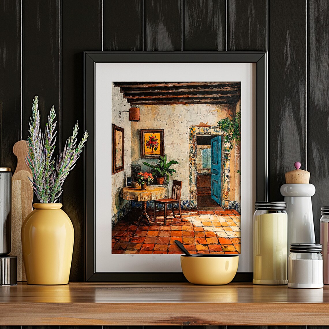 Rustic Mexican Courtyard Blue Door Terracotta Tile Mediterranean Poster - Image 5