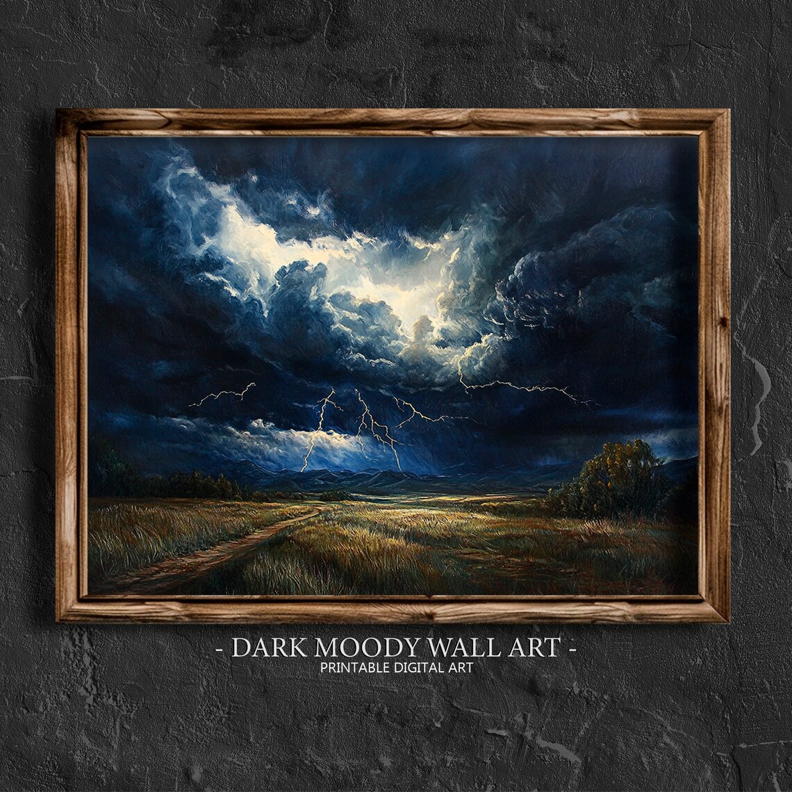 Thunderstorm Lightning Over Golden Field Dark Painting Poster