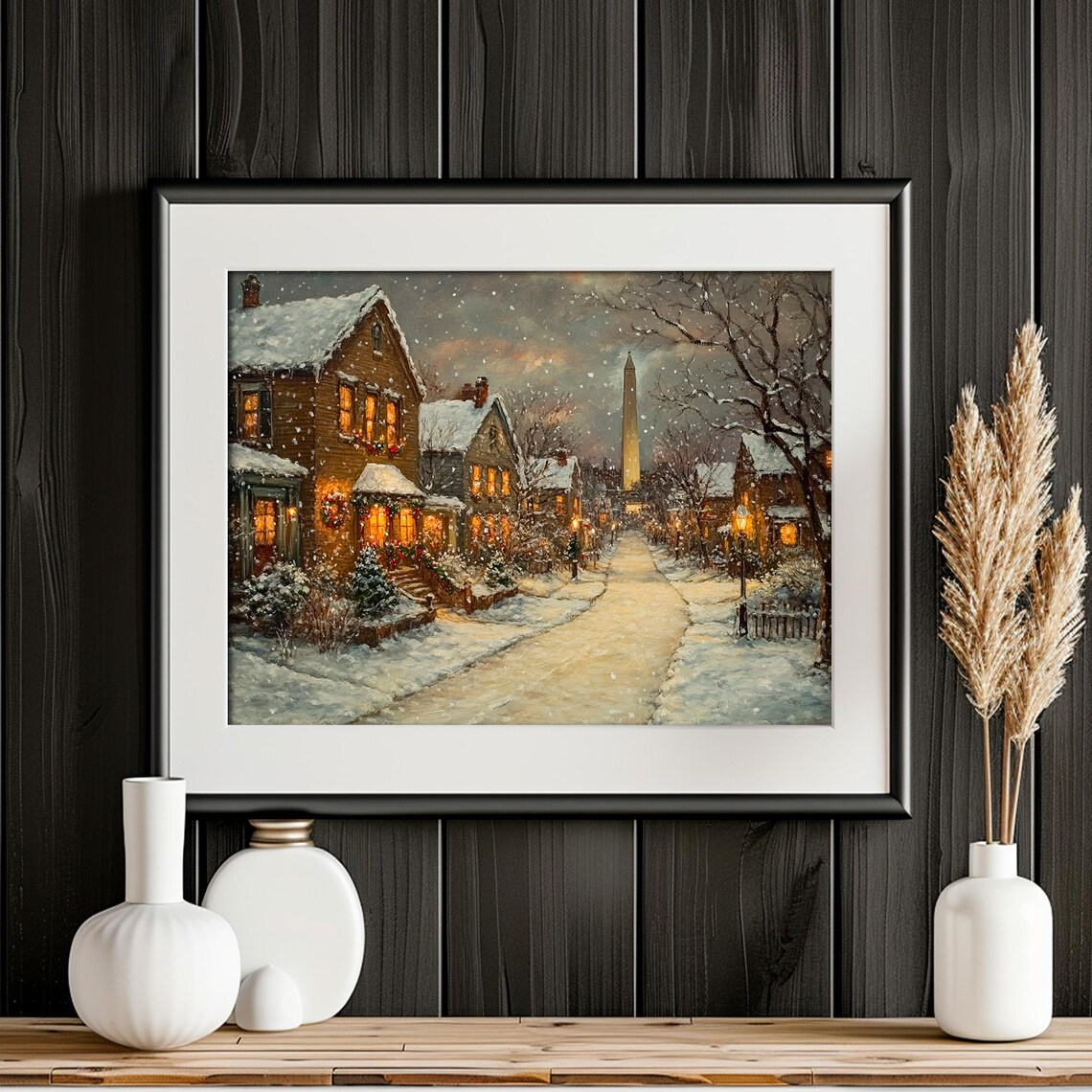 Victorian Snowy Village Street Glowing Windows Dusk Lane Poster - Image 5
