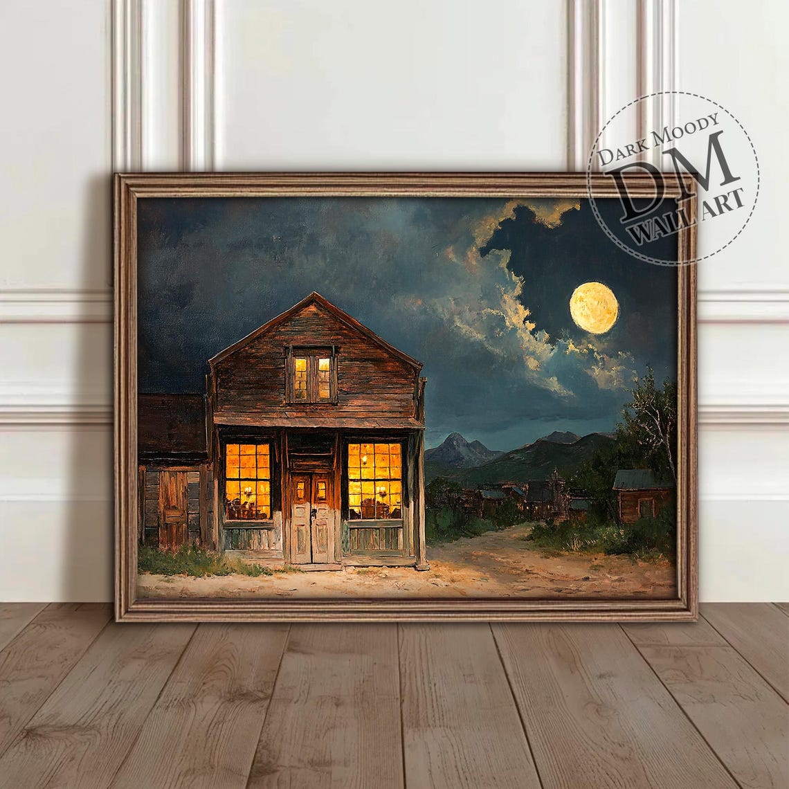 Old Western Saloon Moonlit Night Rustic Frontier Building Poster