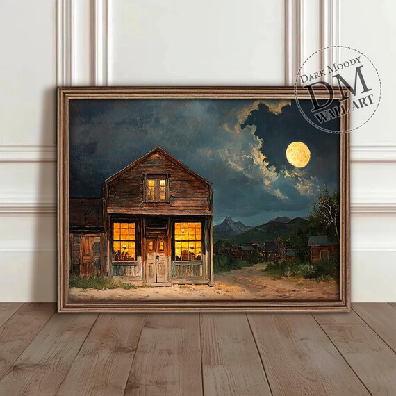 Old Western Saloon Moonlit Night Rustic Frontier Building Poster