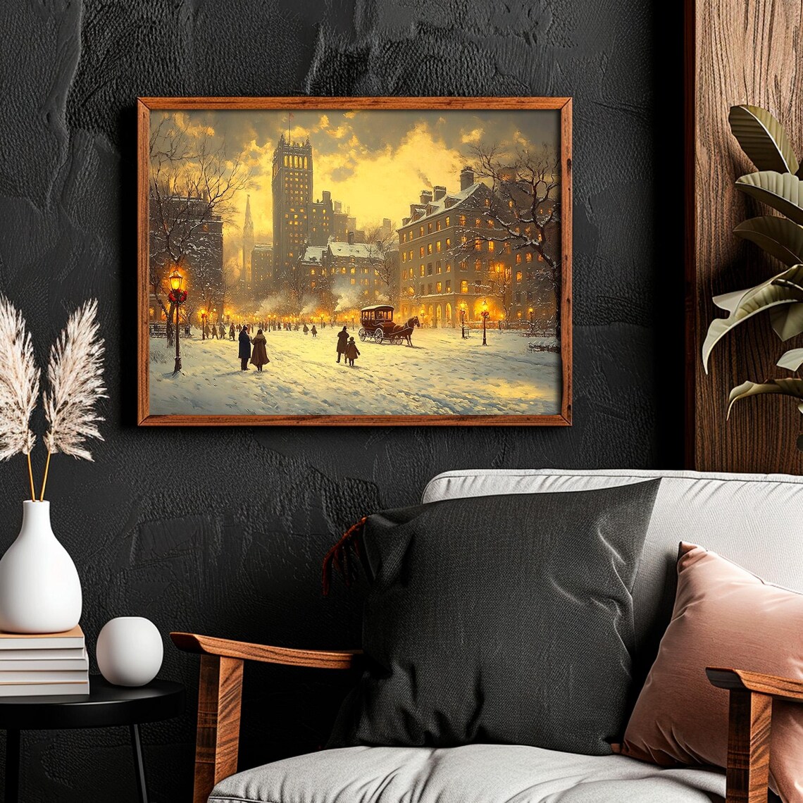 Victorian City Square Snowy Golden Hour Carriage Scene Poster - Image 2
