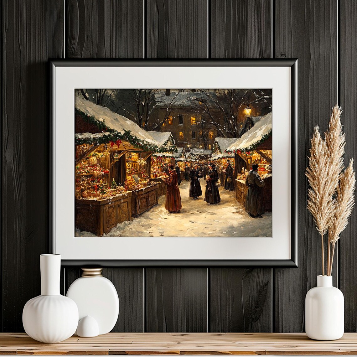 Snowy Christmas Market Stalls Night Shoppers Vintage Painting Poster - Image 4