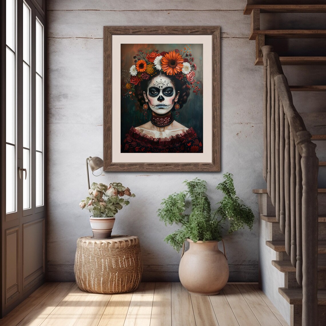 Calavera Woman Orange Flower Crown Day of the Dead Portrait Poster - Image 2