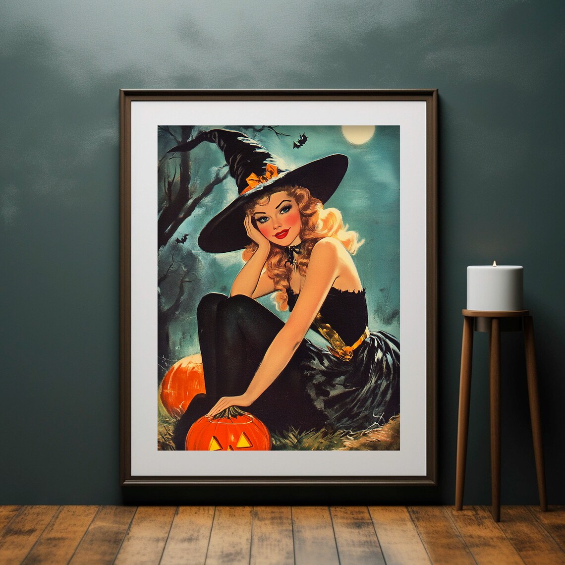 Retro Pinup Witch With Pumpkin Moonlit Halloween Painting Print - Image 4