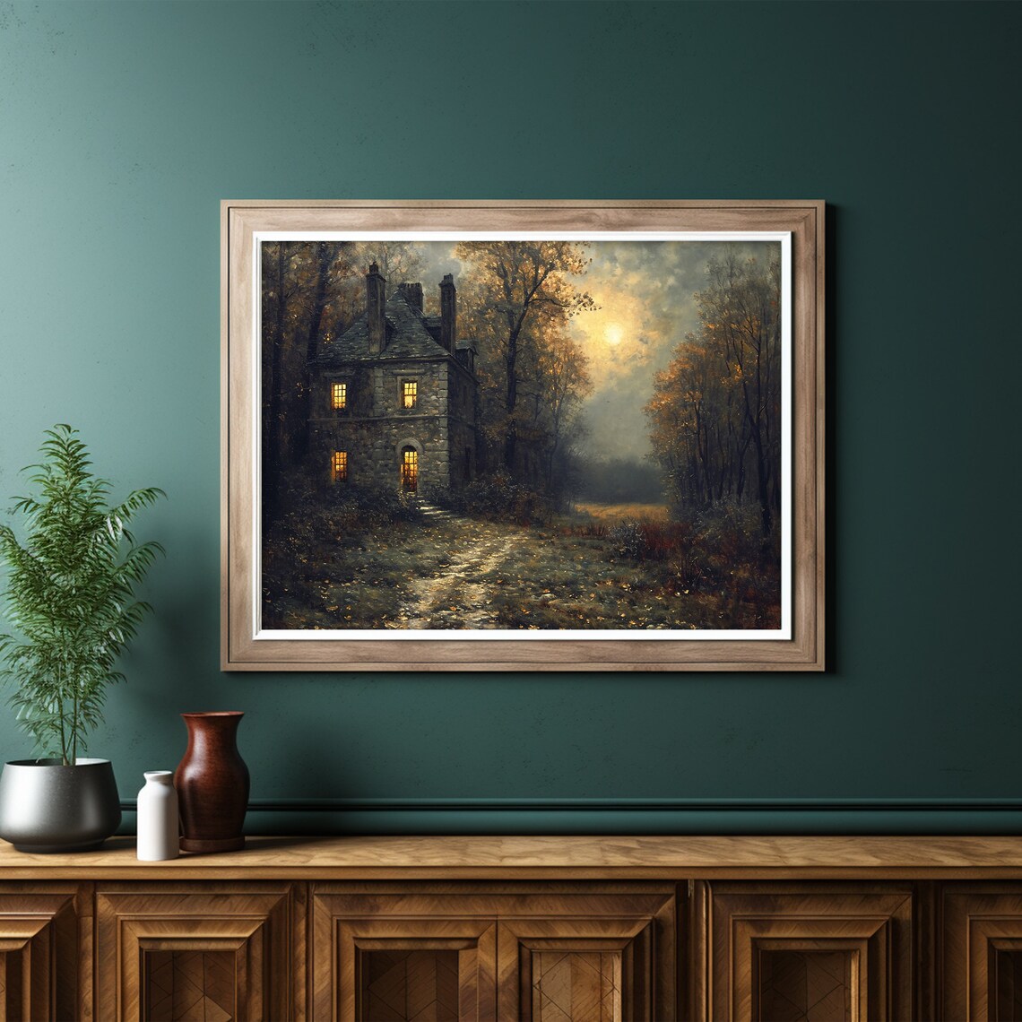 Stone Cottage with Lit Windows in an Autumn Forest at Night Art Poster - Image 6
