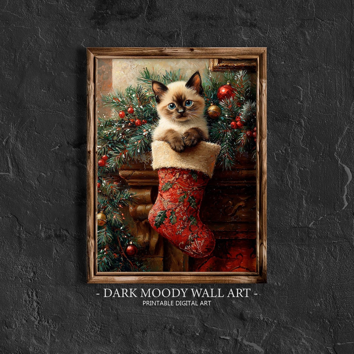 Siamese Kitten in Christmas Stocking Vintage Holiday Wall Art