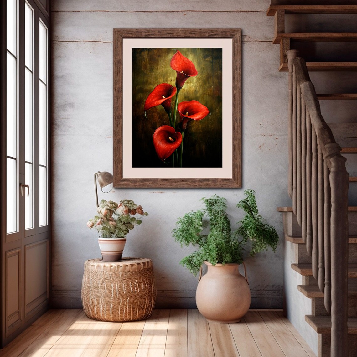 Bold Red Calla Lilies Quartet Moody Dark Floral Painting Poster - Image 4