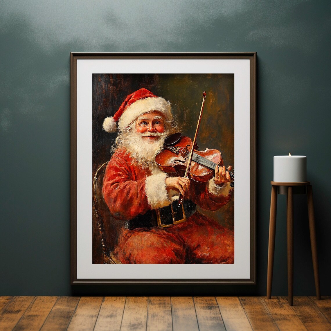 Cheerful Santa Playing Violin Vintage Christmas Music Scene Print - Image 5