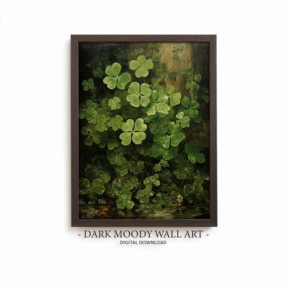 Green Shamrock Clover Patch Dark Moody Botanical Painting Poster