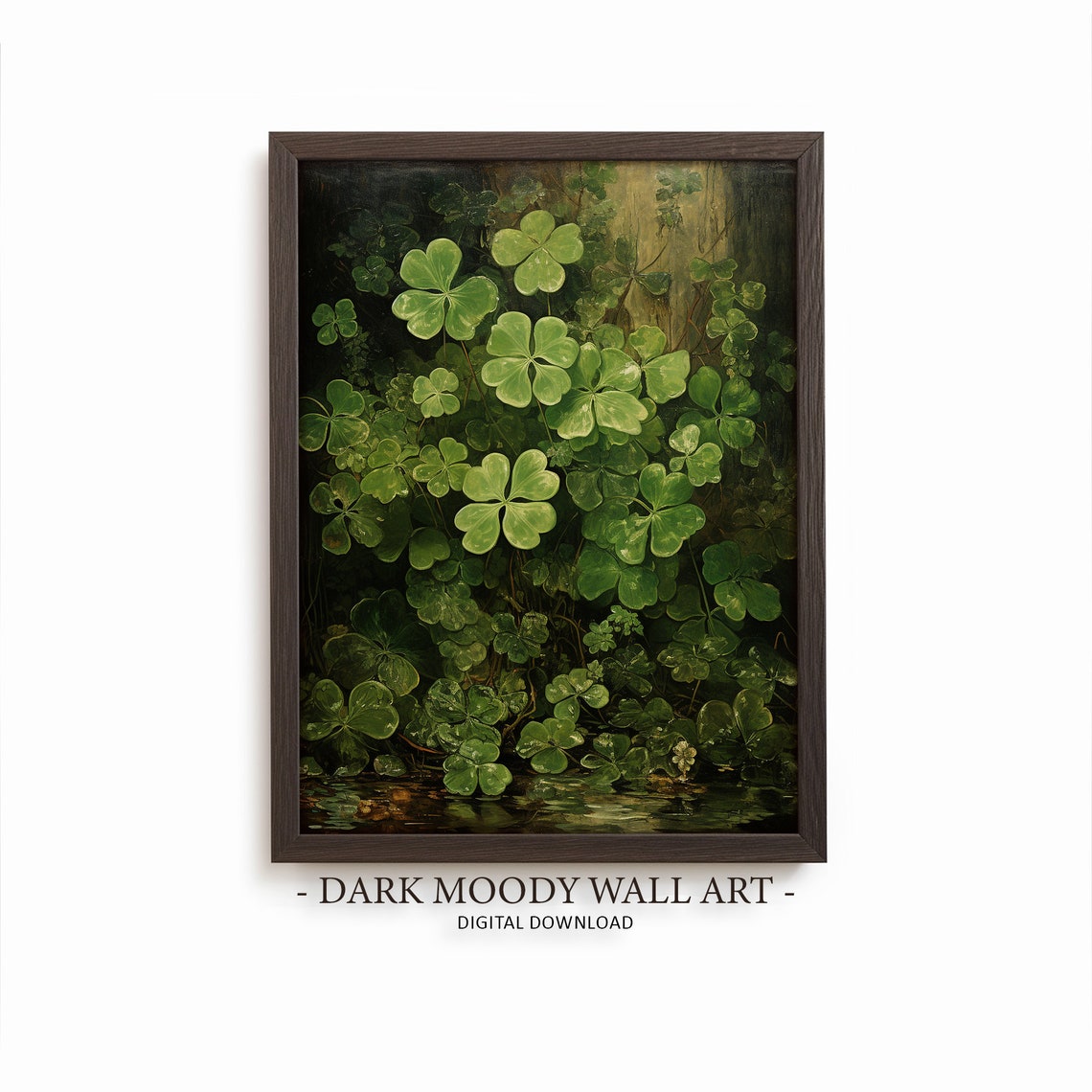 Green Shamrock Clover Patch Dark Moody Botanical Painting Poster