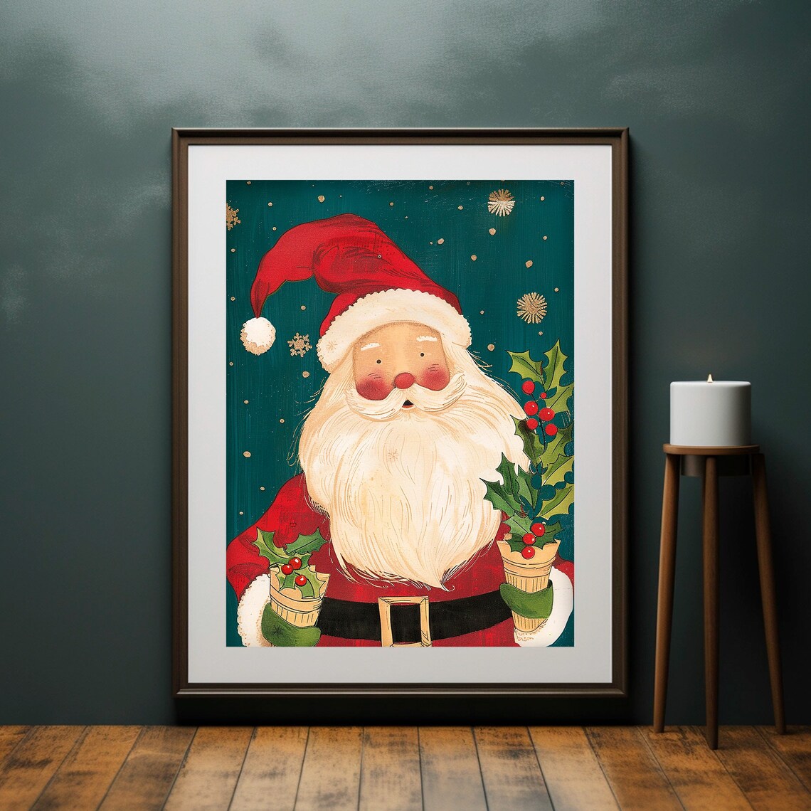 Cute Santa Holly Folk Art Christmas Painting Teal Background Poster - Image 5