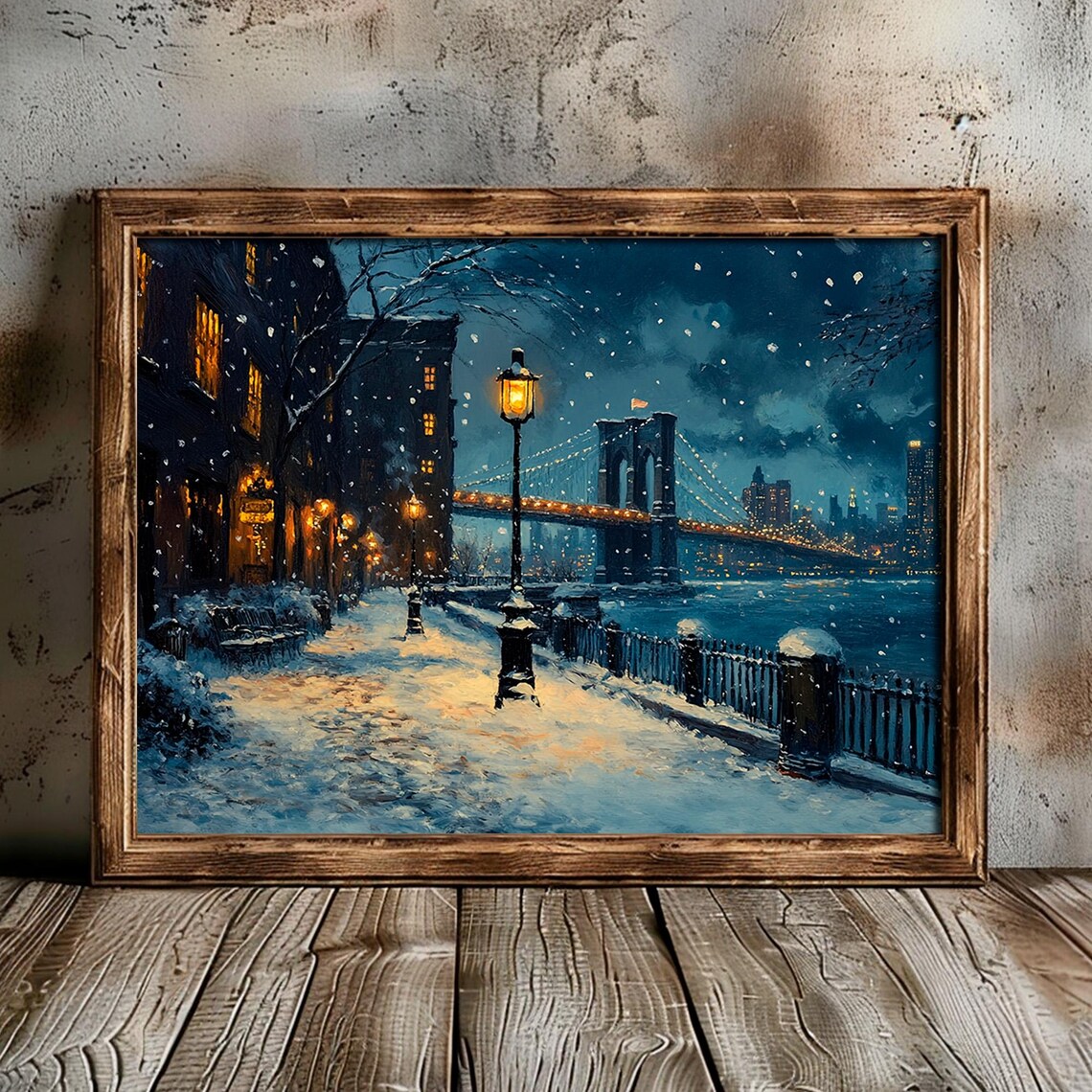 Brooklyn Bridge Night Snowy Riverside Promenade Lights Poster - Image 5