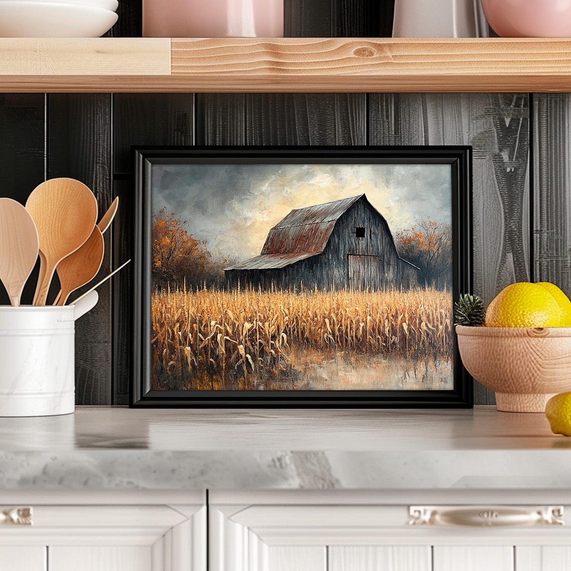 Old Weathered Barn in Wheat Field Under Stormy Sky Rustic Farm Poster - Image 4