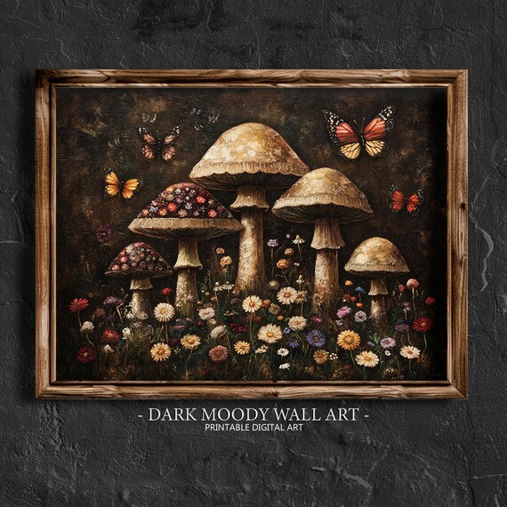Enchanted Mushroom Forest Butterflies Wildflowers Dark Botanical Poster