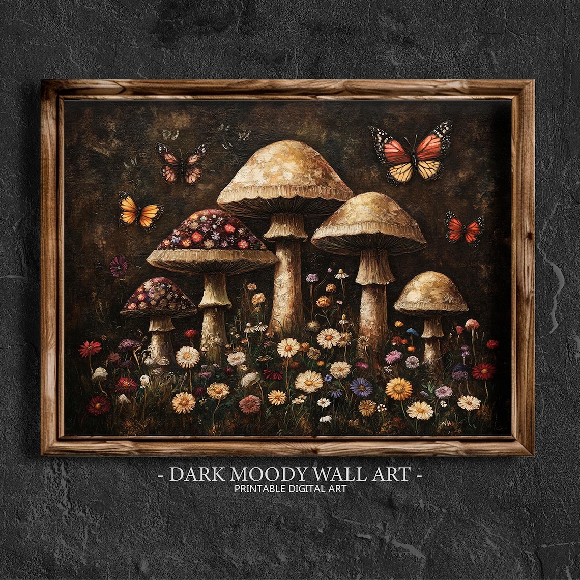 Enchanted Mushroom Forest Butterflies Wildflowers Dark Botanical Poster