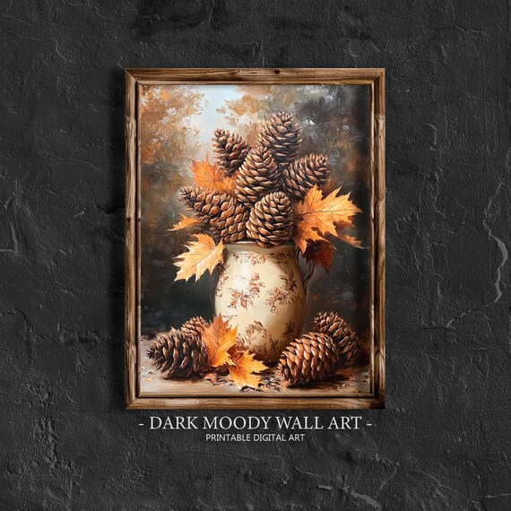 Pinecone Bouquet Fall Leaves Vintage Vase Still Life Wall Art
