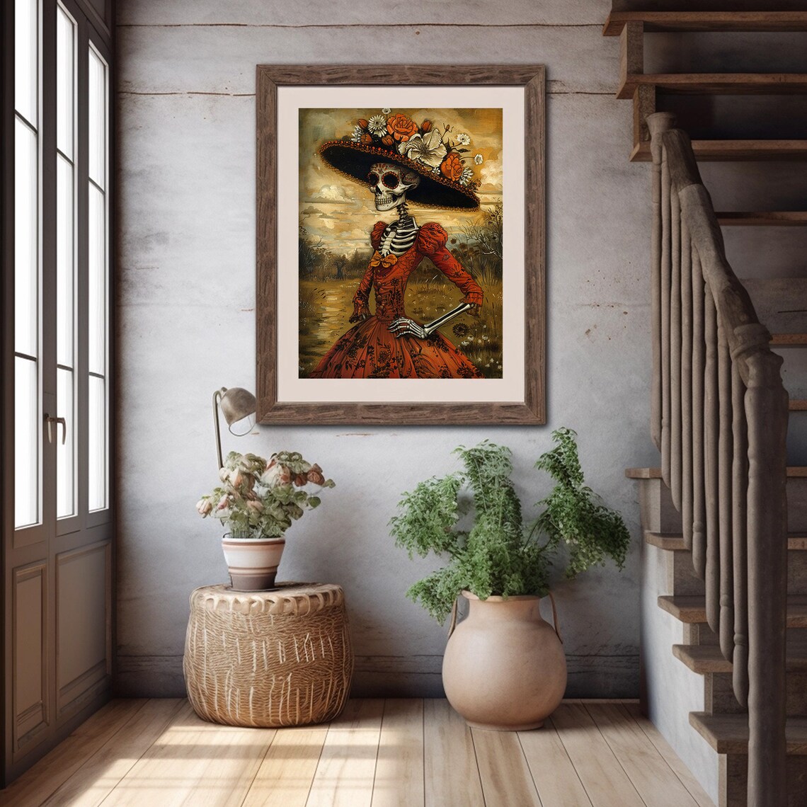 Dia De Los Muertos Catrina Skeleton Red Dress Mexican Folk Art Poster - Image 5