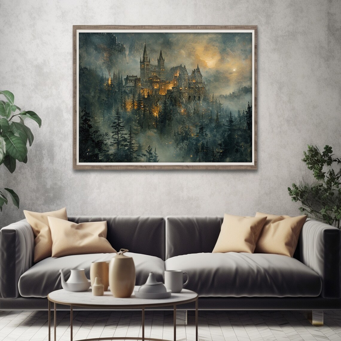 Fantasy Castle In The Forest Night Lights Fairytale Painting Poster - Image 4