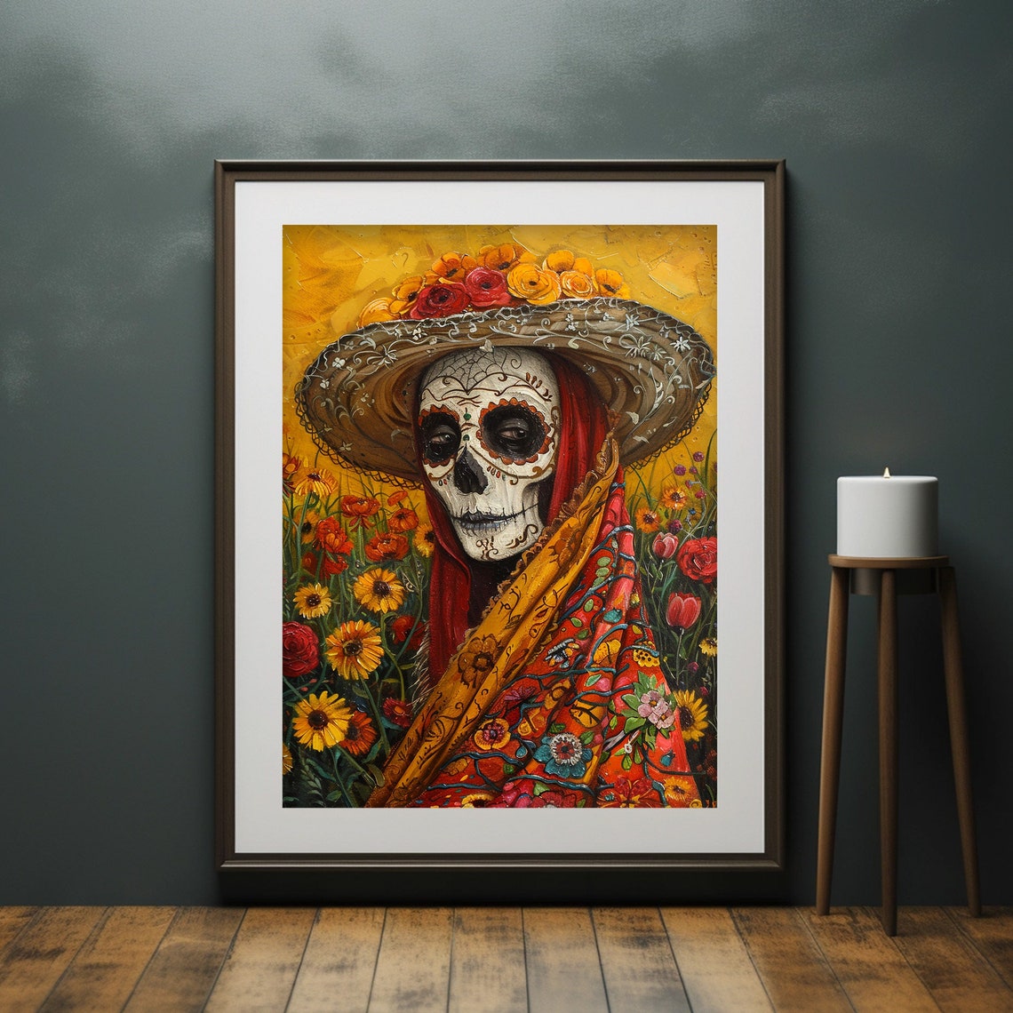 Catrina Sugar Skull Straw Hat Marigold Field Folk Art Poster - Image 6