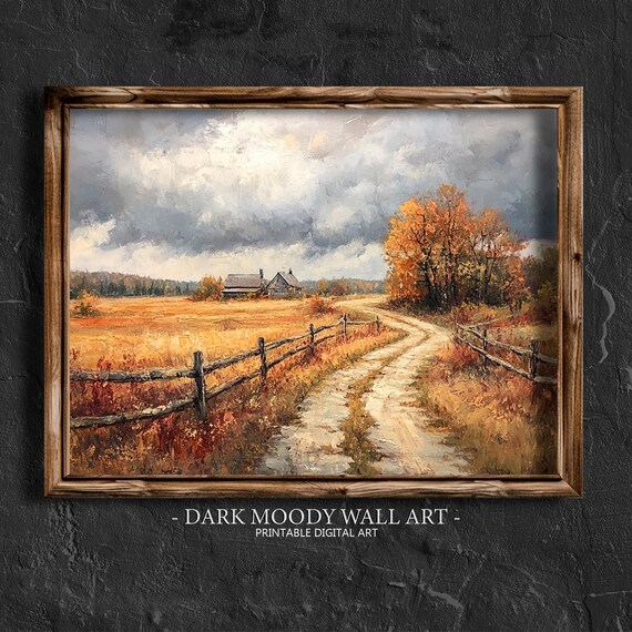 Country Dirt Road to Farmhouse Golden Autumn Field Rustic Landscape Poster