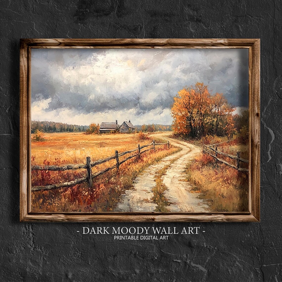 Country Dirt Road to Farmhouse Golden Autumn Field Rustic Landscape Poster